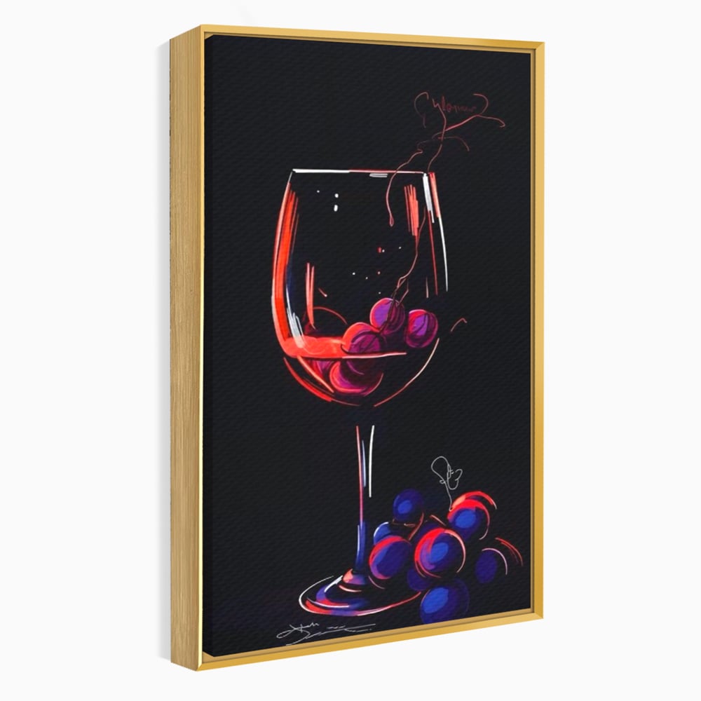 Tablou canvas cu tablou canvas cu pahar de vin si struguri, in rama de aluminiu auriu
